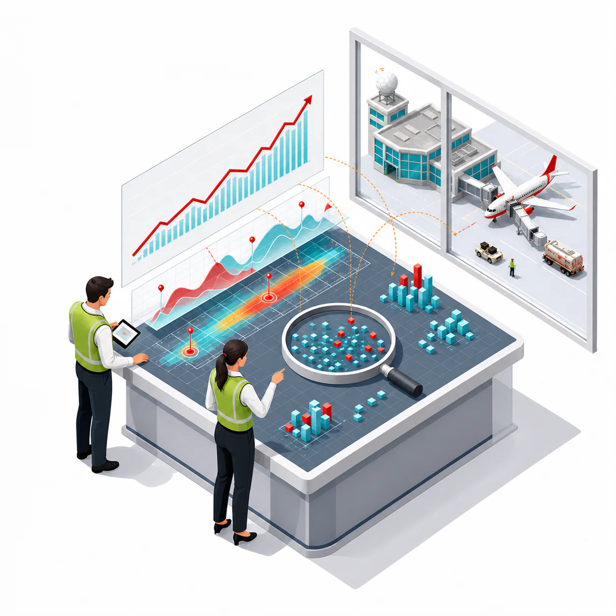 Operational analysts reviewing airport trends, heat maps and performance data.