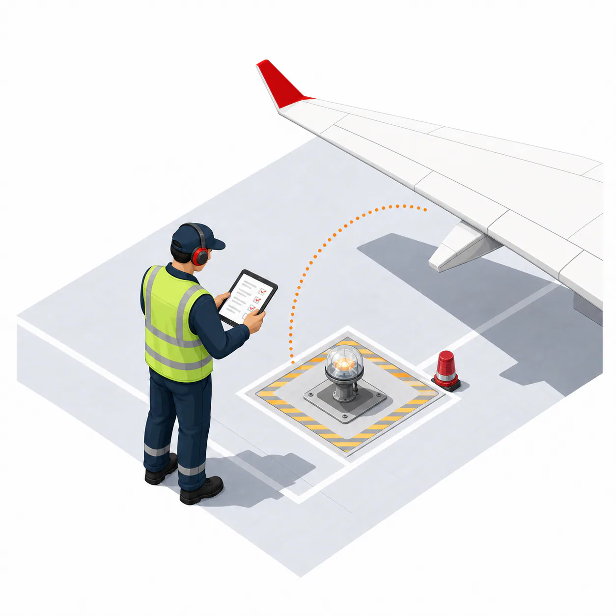 Airfield operative recording an aircraft stand inspection on a tablet.