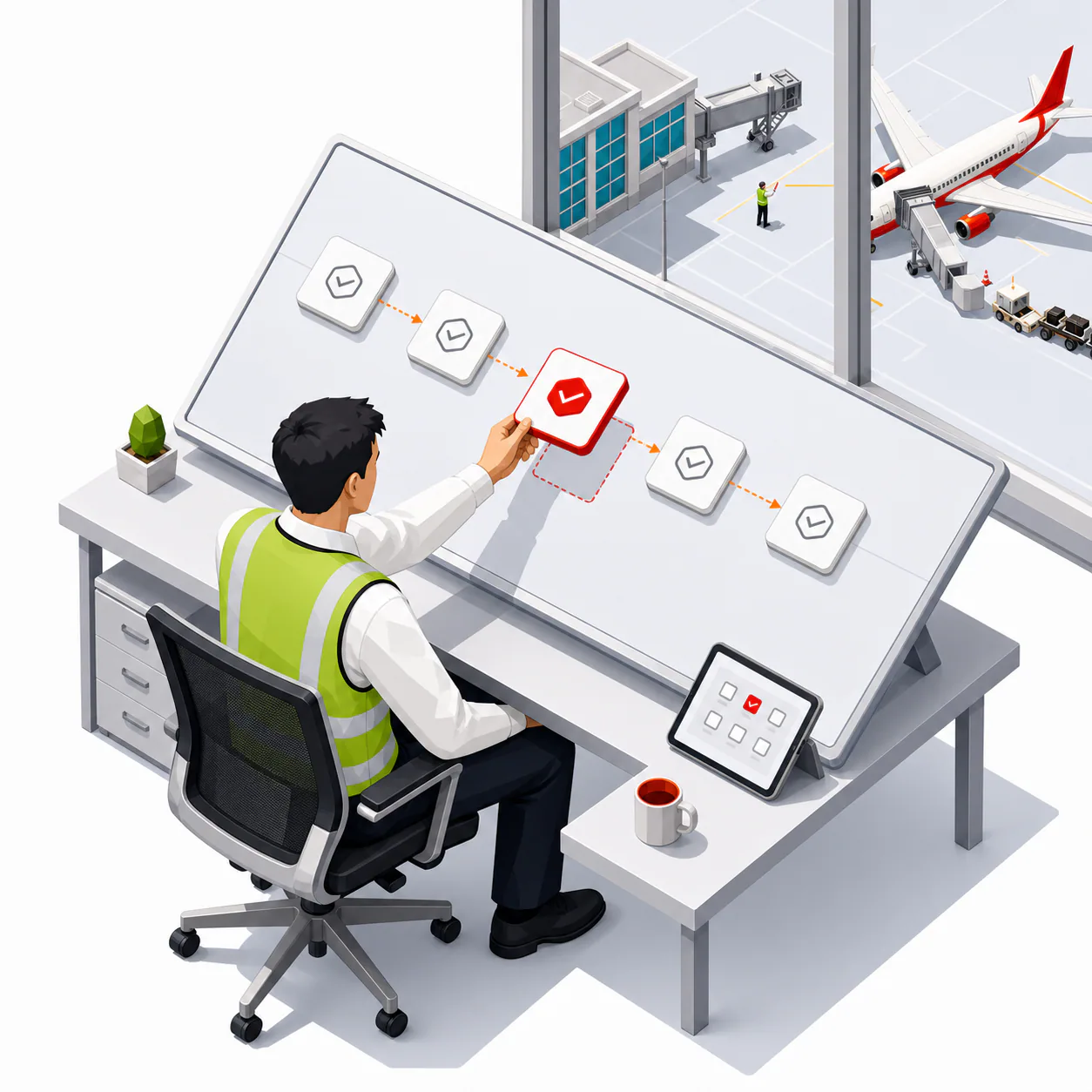 Airport operations manager configuring a workflow at a widescreen workstation.