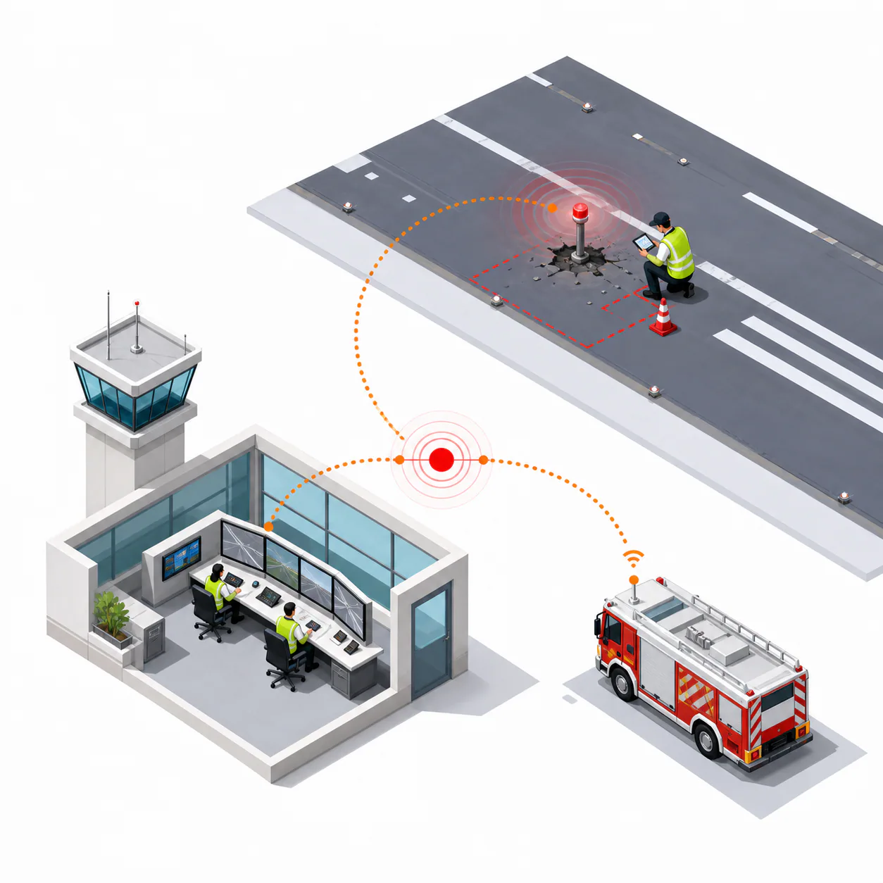 Airfield defect being reported to operations control and a response team.