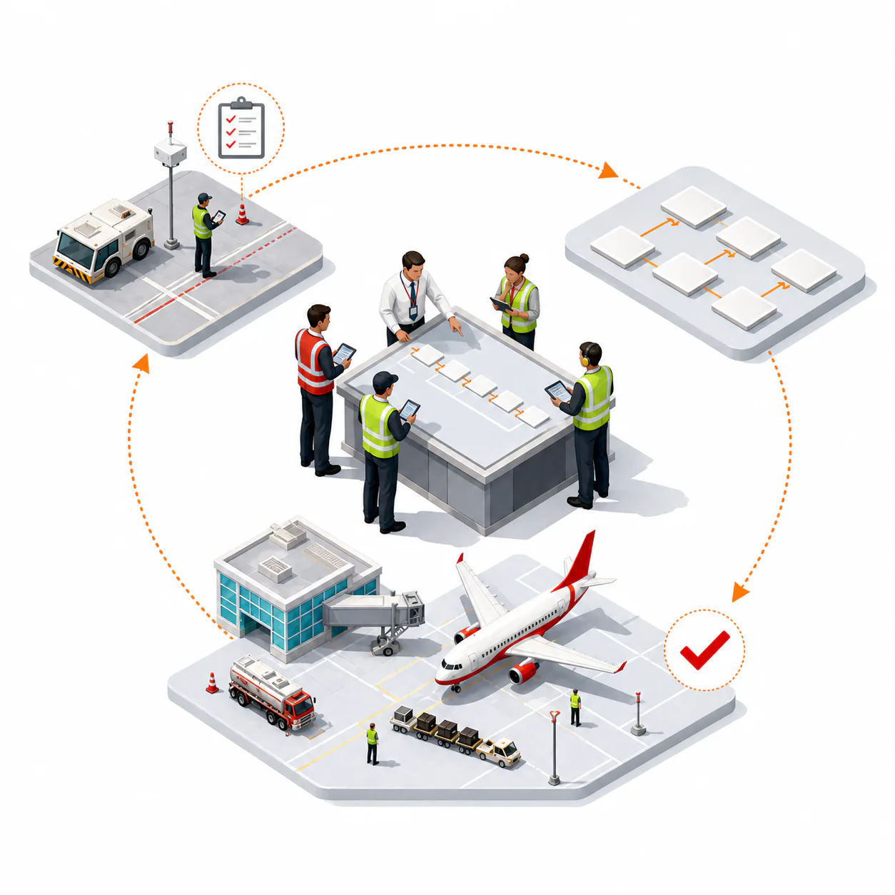 Airport operations team reviewing findings and refining a workflow.