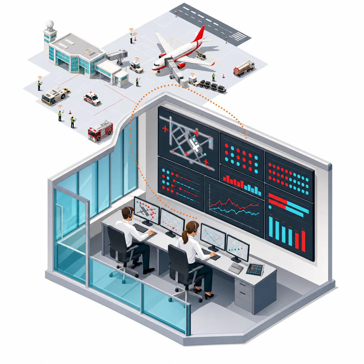 Airport operations staff monitoring live dashboards in a control room.